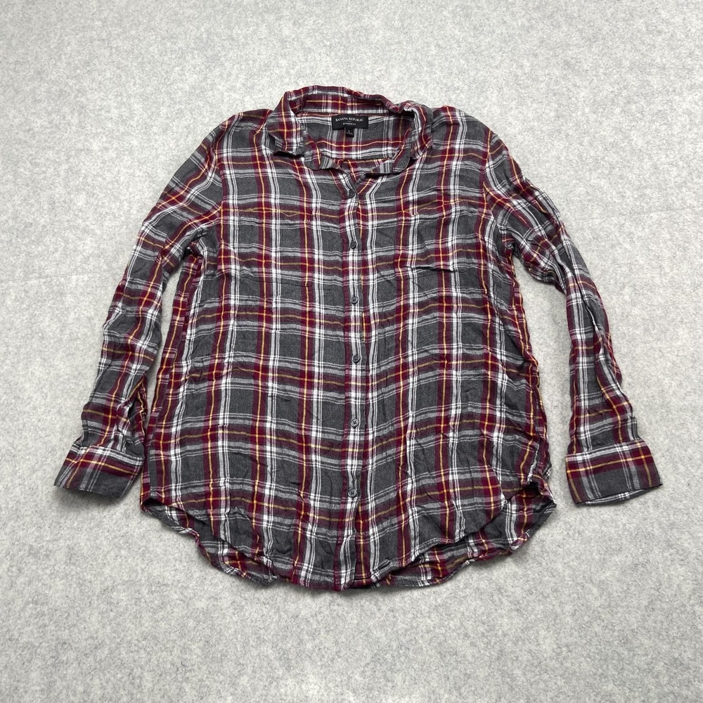 Banana Republic Button Up Shirt Womens Large Gray Plaid Boyfriend Fit Rayon